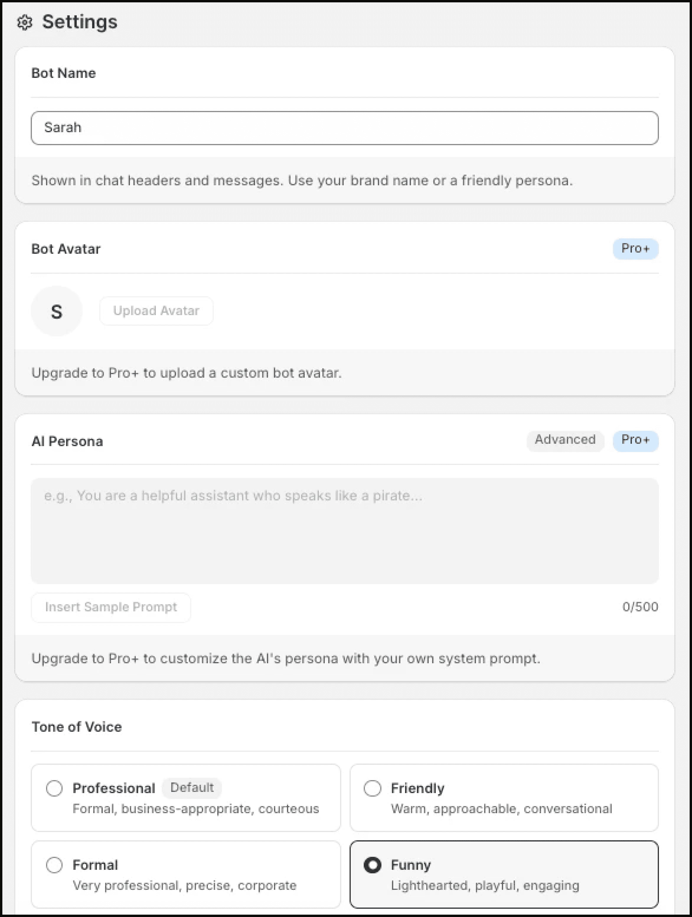 Bot name, avatar, persona, and tone settings in Lumen